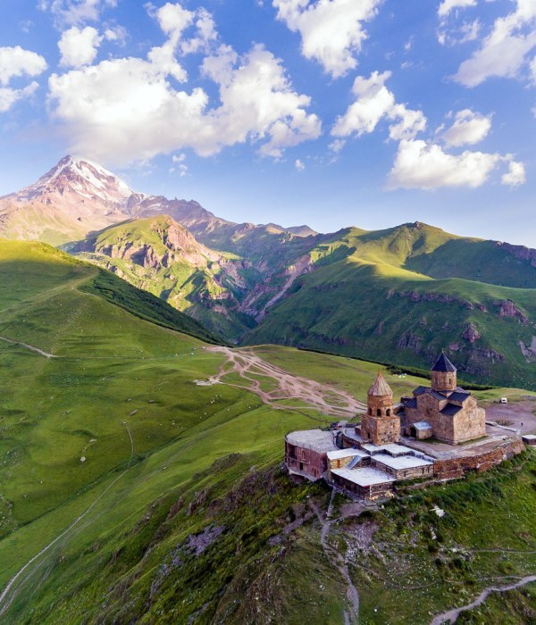 Gergeti trinity church with kazbegi mountain background