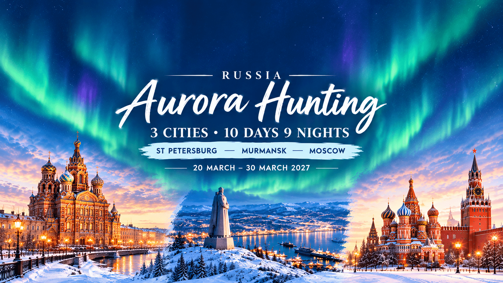 Promotional poster for a Russia Aurora Hunting tour: northern lights over snowy St. Petersburg and Moscow with iconic domes and monuments.