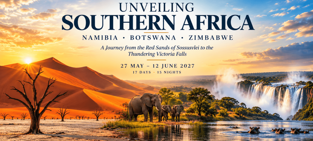 Poster advertising Unveiling Southern Africa—Namibia, Botswana, Zimbabwe—with a journey from Sossusvlei to Victoria Falls, May 27–June 12, 2027.