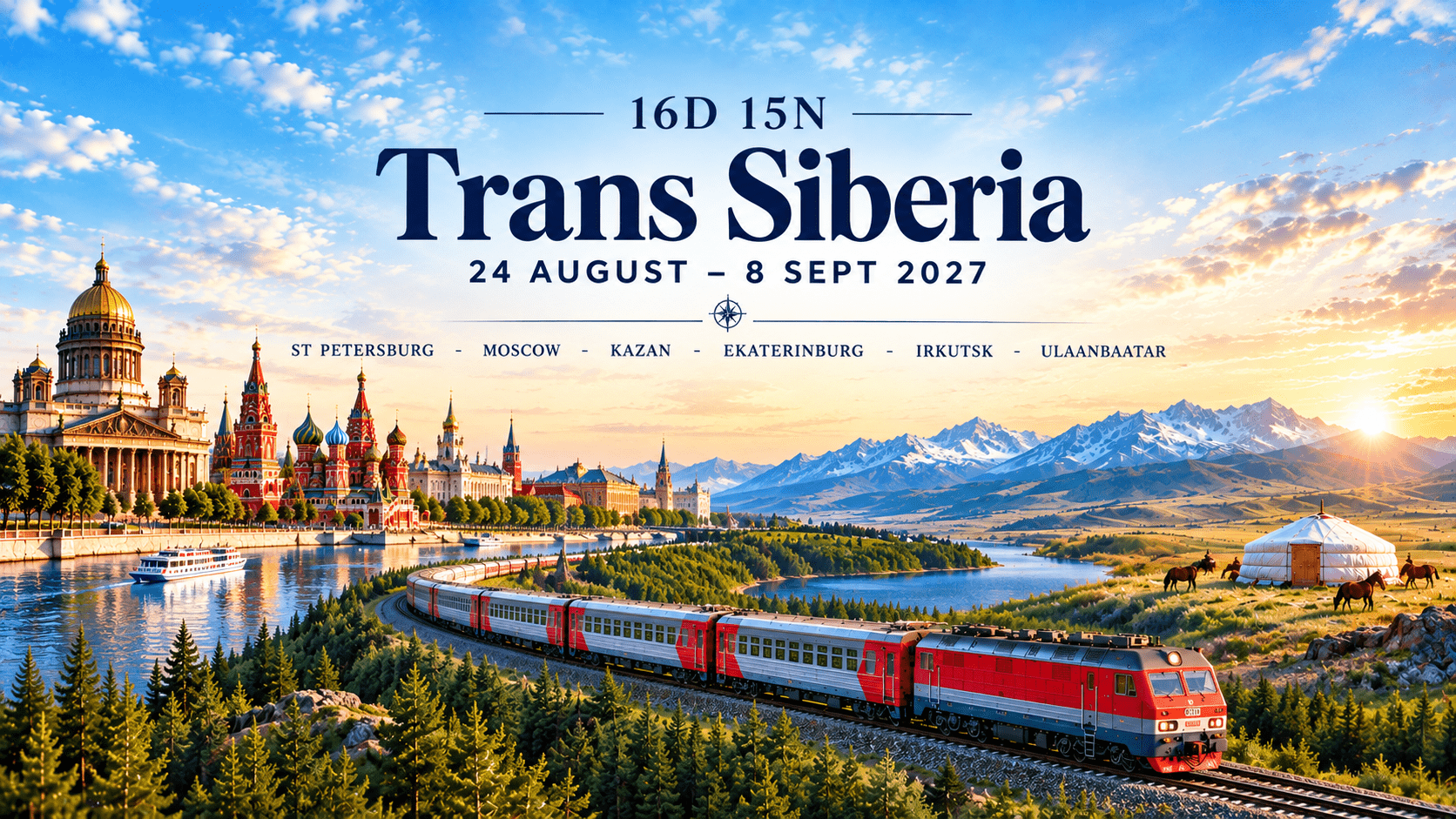Poster for Trans Siberia: 16D 15N, Aug 24–Sept 8, 2027, with a red train along a river and colorful domed buildings against mountains at sunset.