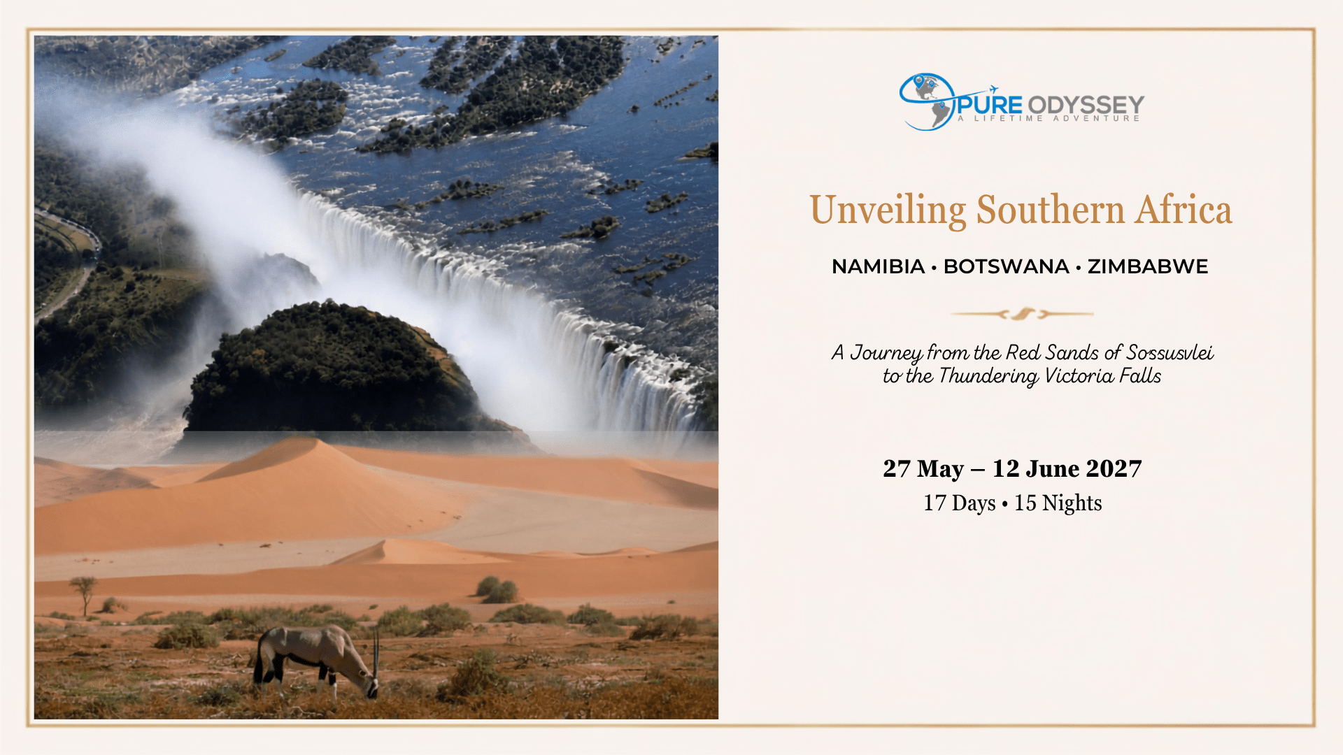 Split poster: left shows Victoria Falls with a grazing horse in the desert foreground; right panel lists 'Unveiling Southern Africa' with dates for a 2027 tour.