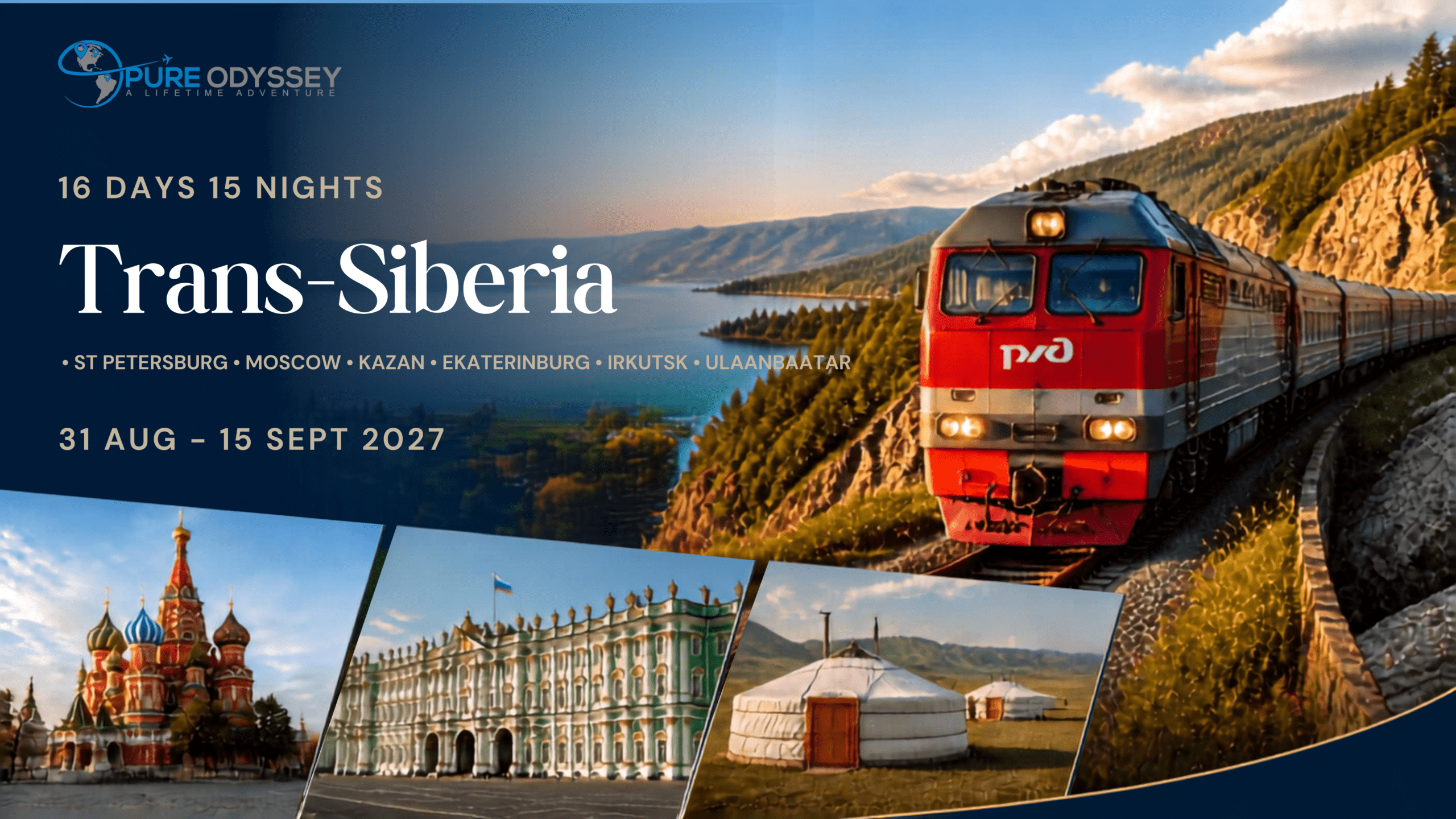 Promotional banner for a 16-day Trans-Siberia train journey by Pure Odyssey, with a red locomotive and scenic landscape.