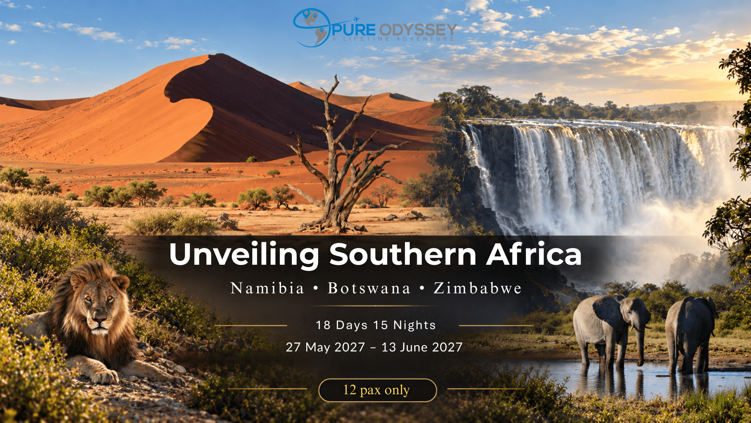Promotional travel banner showing desert dunes, a waterfall, and wildlife (lion in foreground, elephants) with the headline 'Unveiling Southern Africa' and logo.