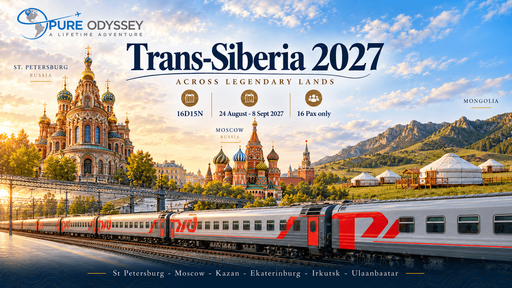 Travel poster for Trans-Siberia 2027 by Pure Odyssey: a high-speed train near colorful Russian churches and a yurts camp under a bright sky.